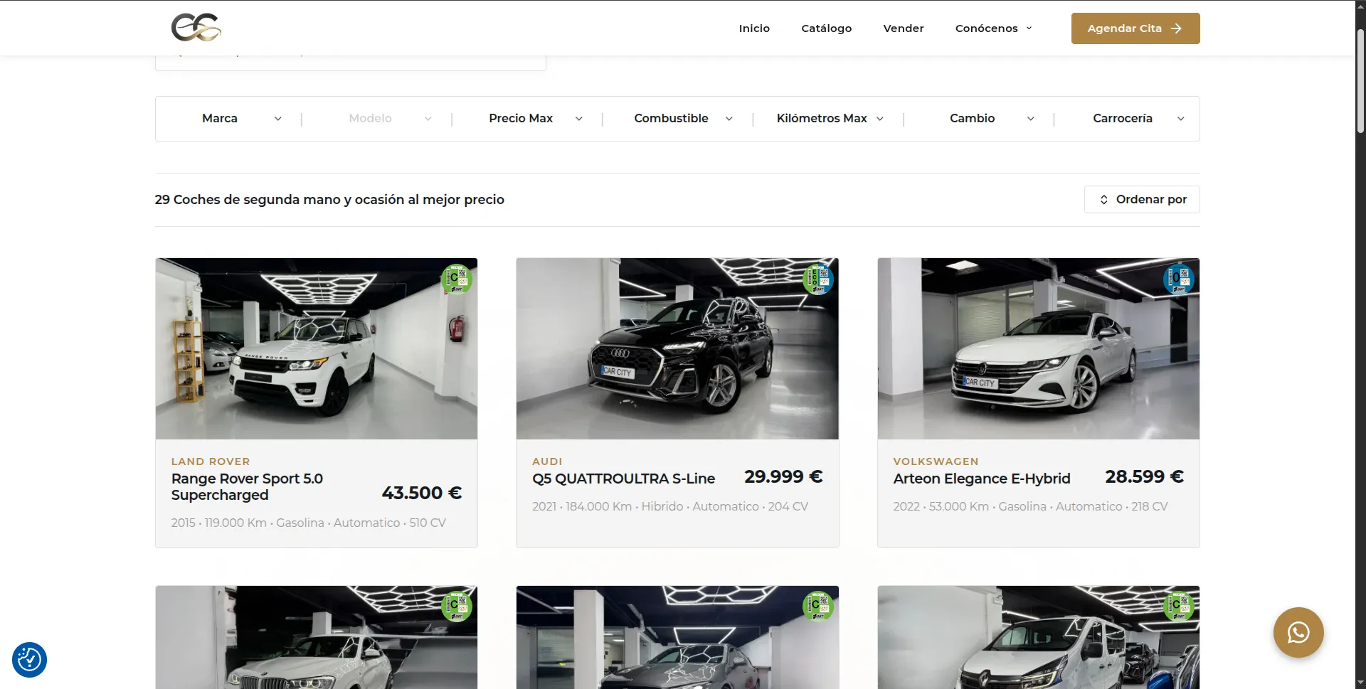 Catálogo con filtros: marca, modelo, precio, km, combustible, cambio